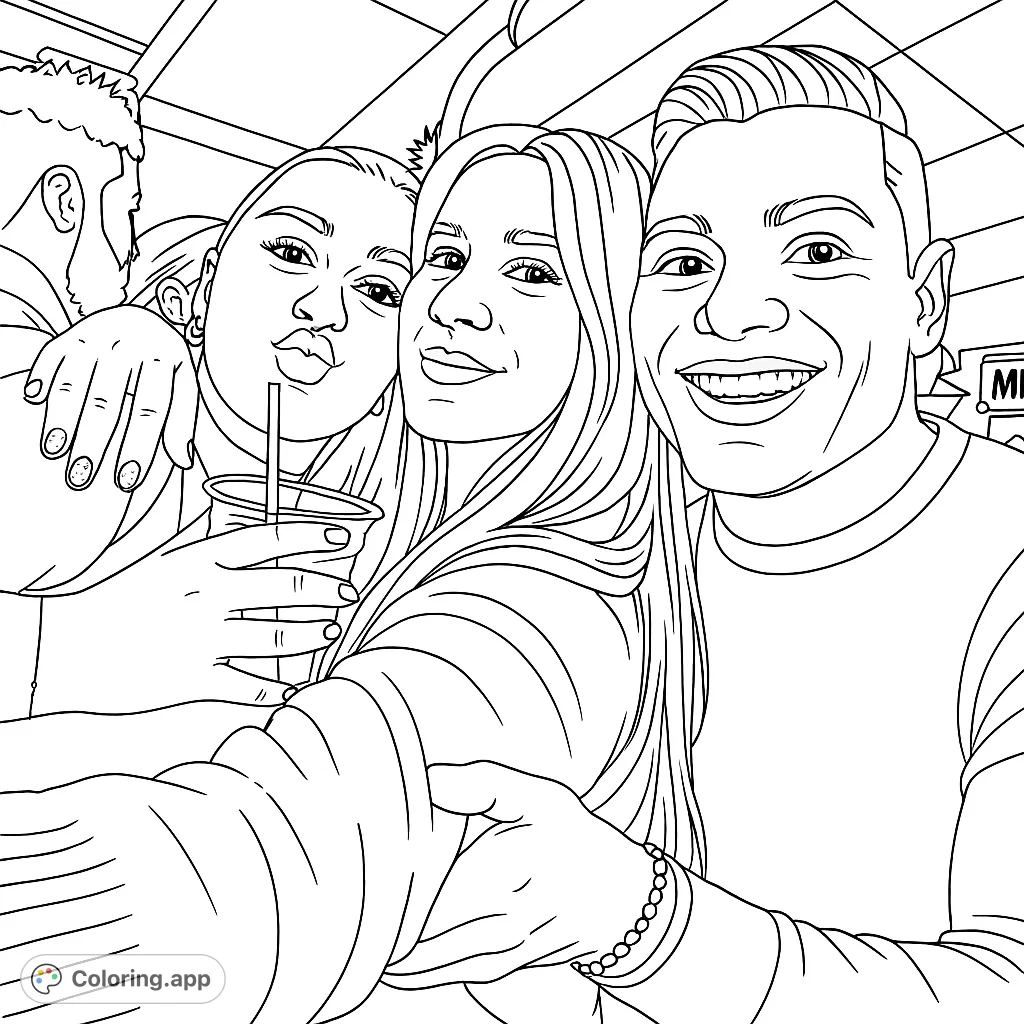 Capture a moment of camaraderie with this friends gathering coloring page. Features three smiling individuals in a lively indoor setting, perfect for creative expression.