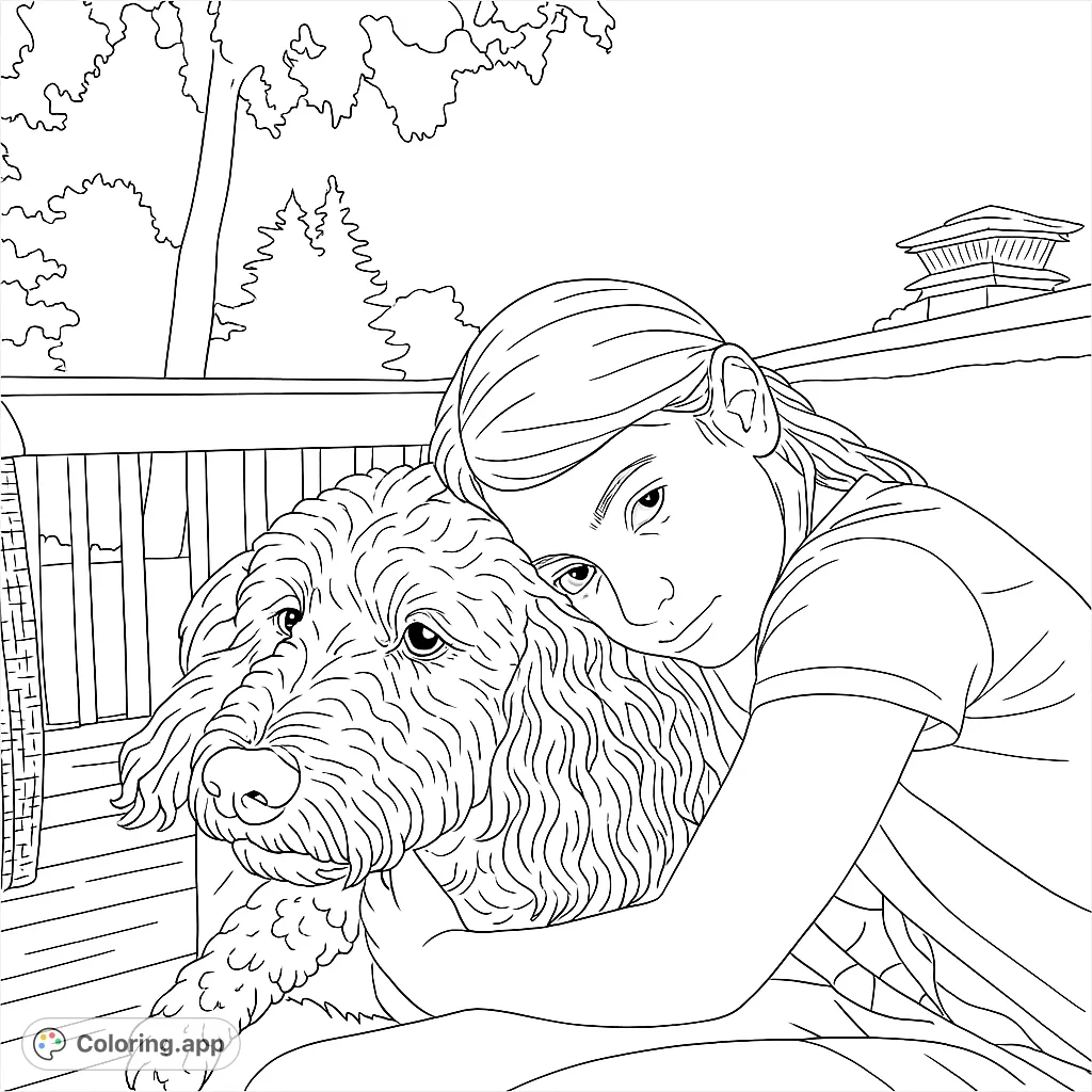 A heartwarming scene of a girl embracing her fluffy dog on a sunny deck. Perfect for animal lovers and those who cherish friendship.