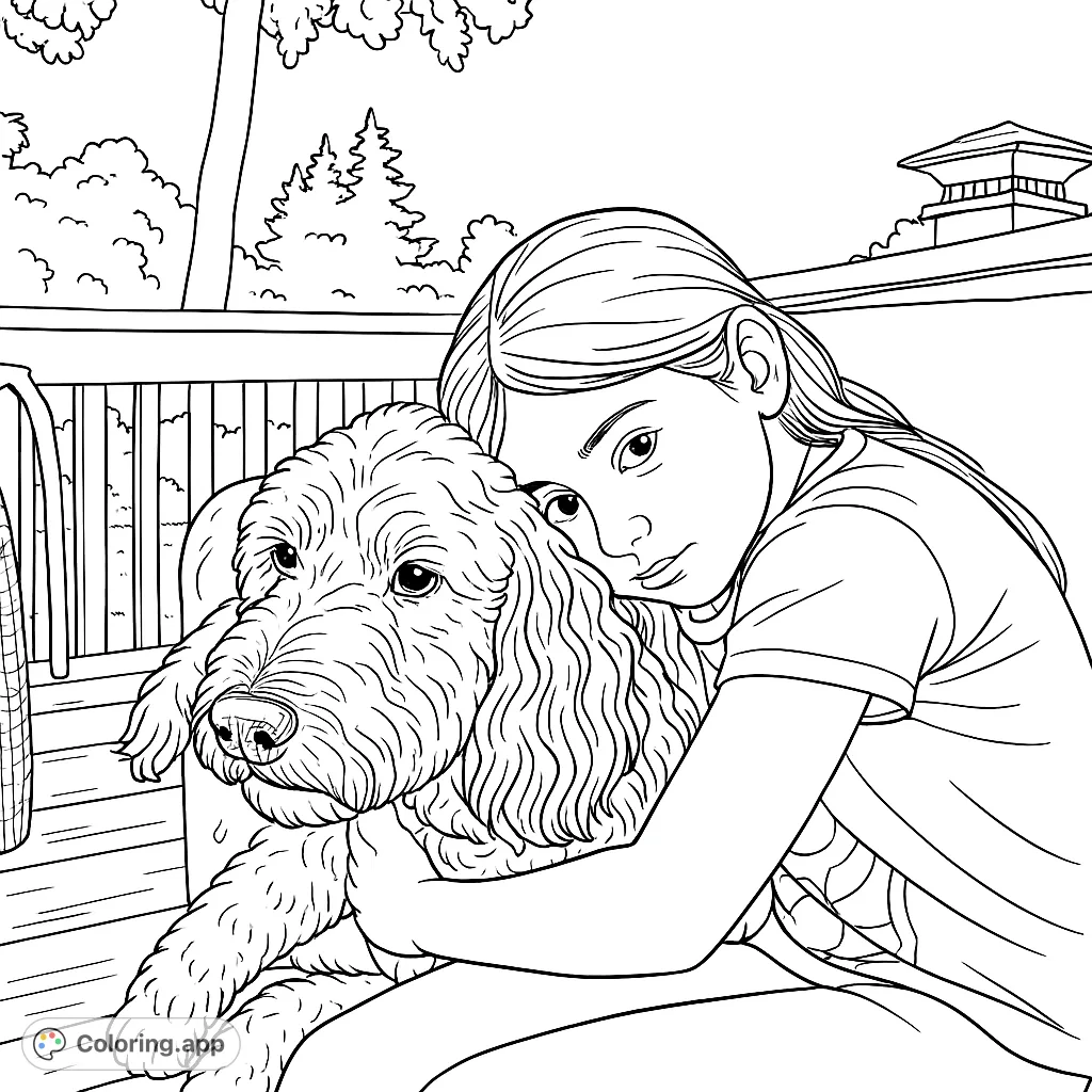 A heartwarming scene of a girl hugging her fluffy dog on a sunny deck. Perfect for pet lovers and anyone who cherishes companionship.
