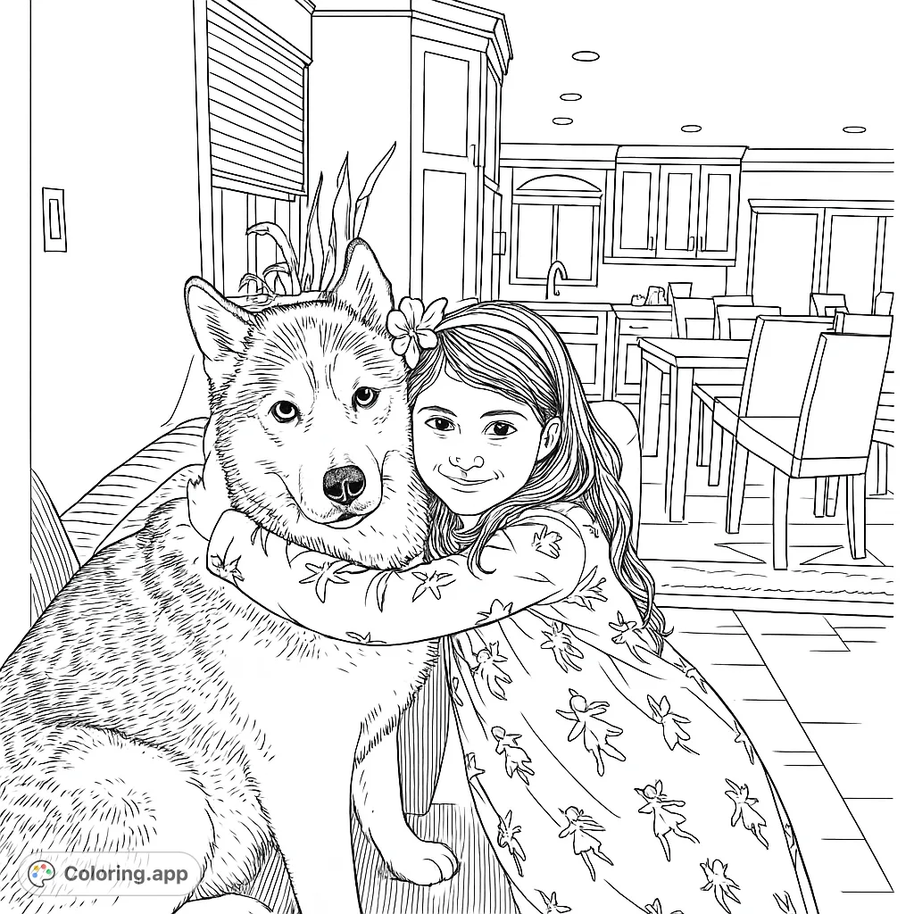 A heartwarming scene of a young girl embracing her husky companion. Perfect for animal lovers and a delightful free printable coloring page.