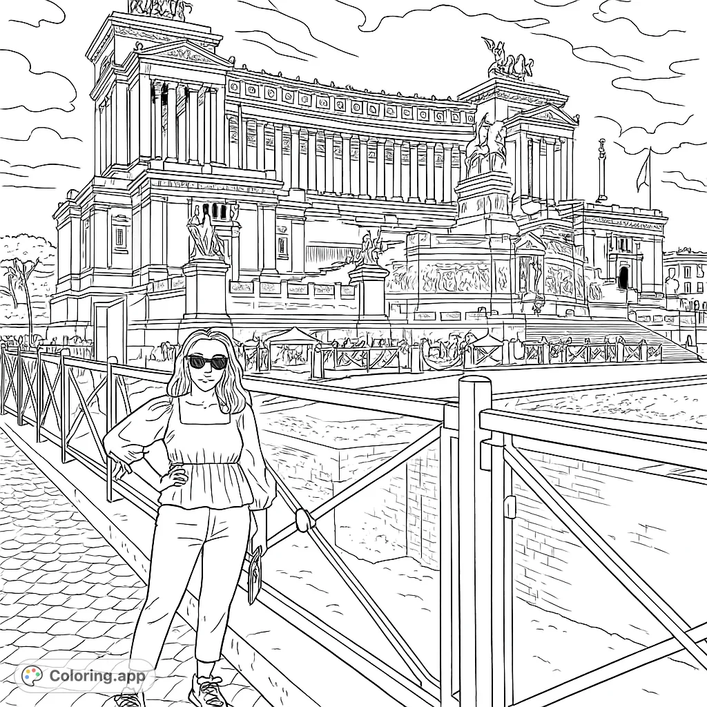 Color a striking scene featuring a woman posing before a magnificent classical monument, rich with architectural details and historical grandeur.