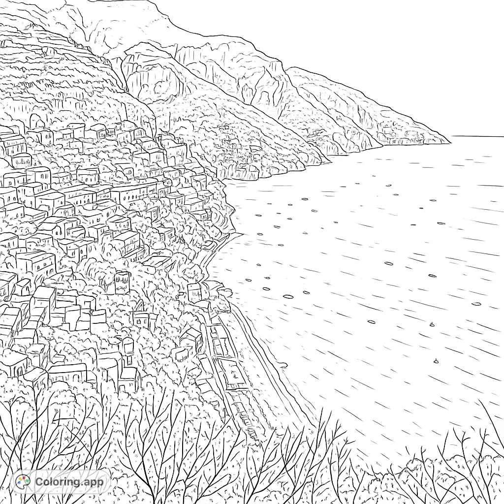 Explore a picturesque Mediterranean coastal village nestled on a hillside overlooking a bustling bay filled with boats. A detailed landscape for coloring.