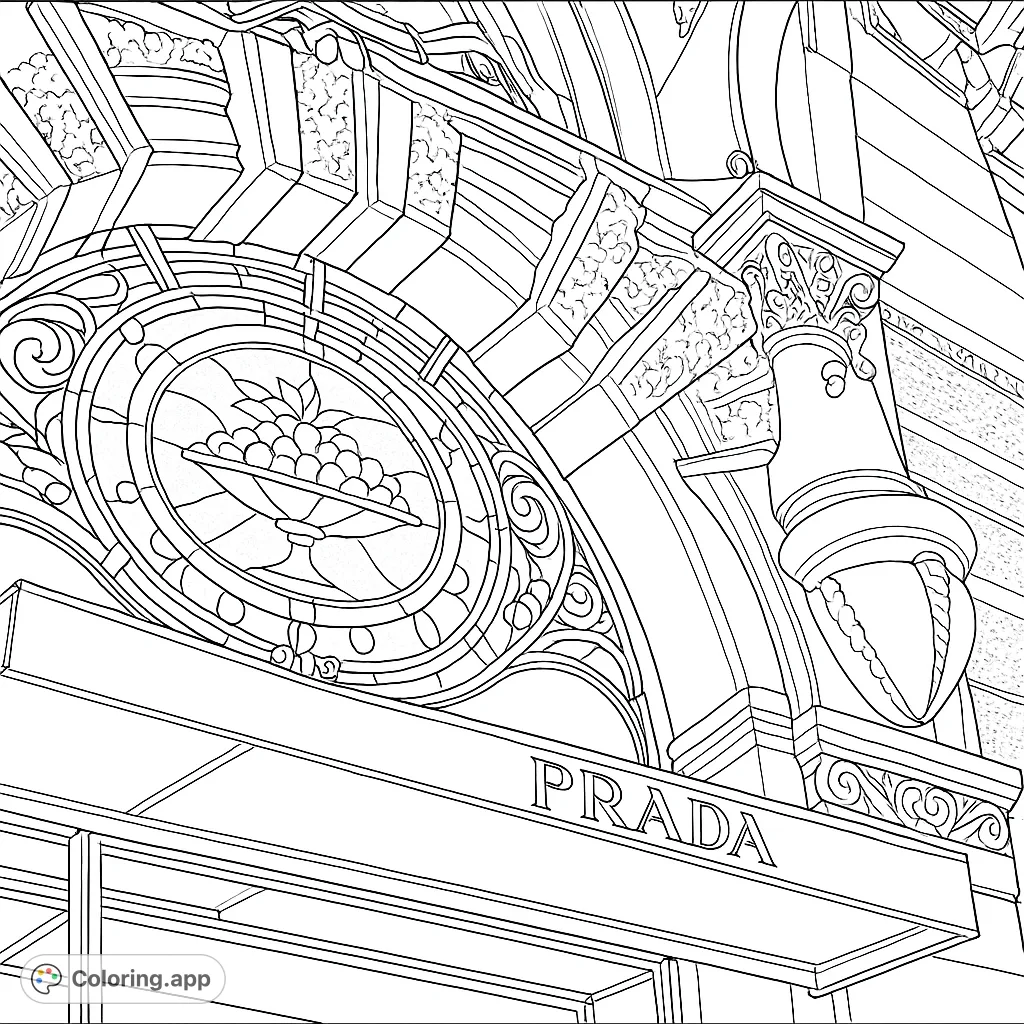 Intricate stained glass window set within a grand architectural archway, featuring detailed patterns and a central fruit motif. Perfect for detailed coloring.