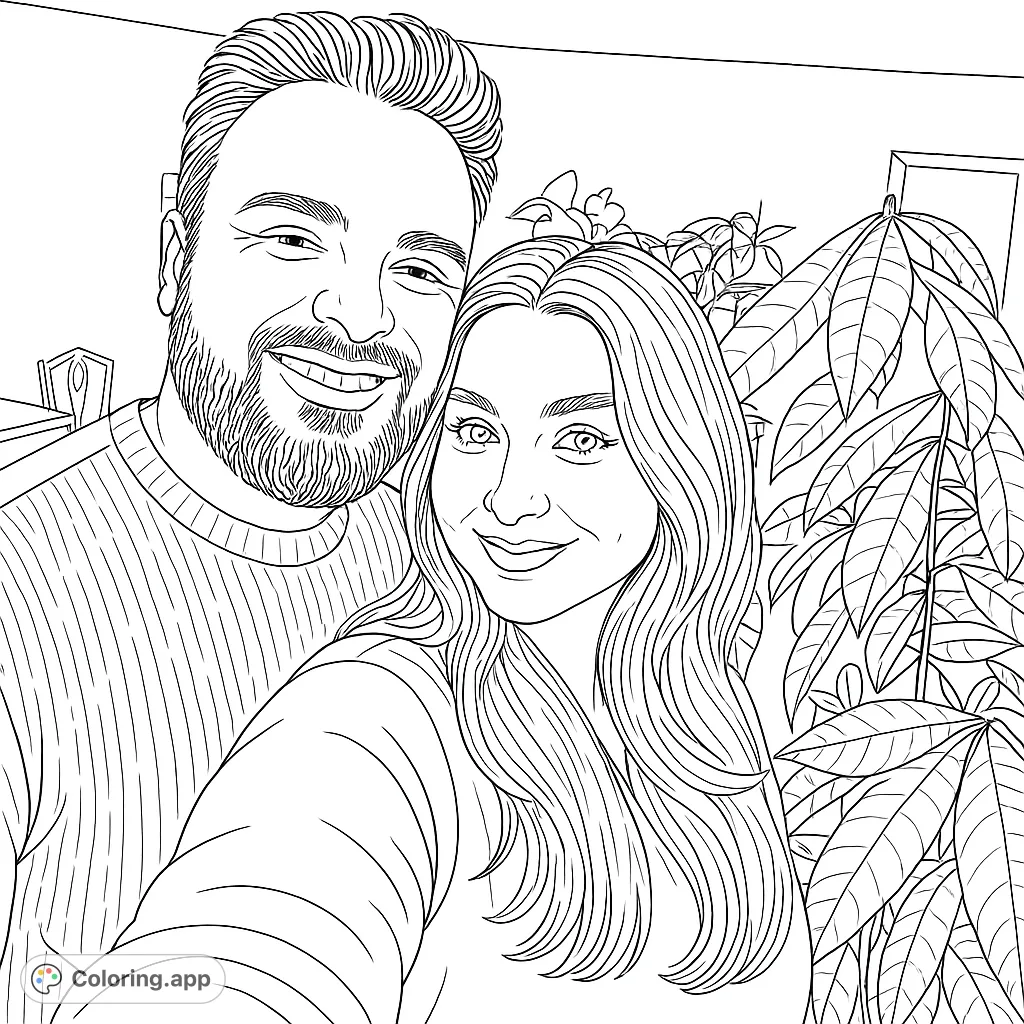 Color a heartwarming portrait of a smiling couple, featuring detailed facial expressions, textured hair, and lush plant elements for a personal touch.