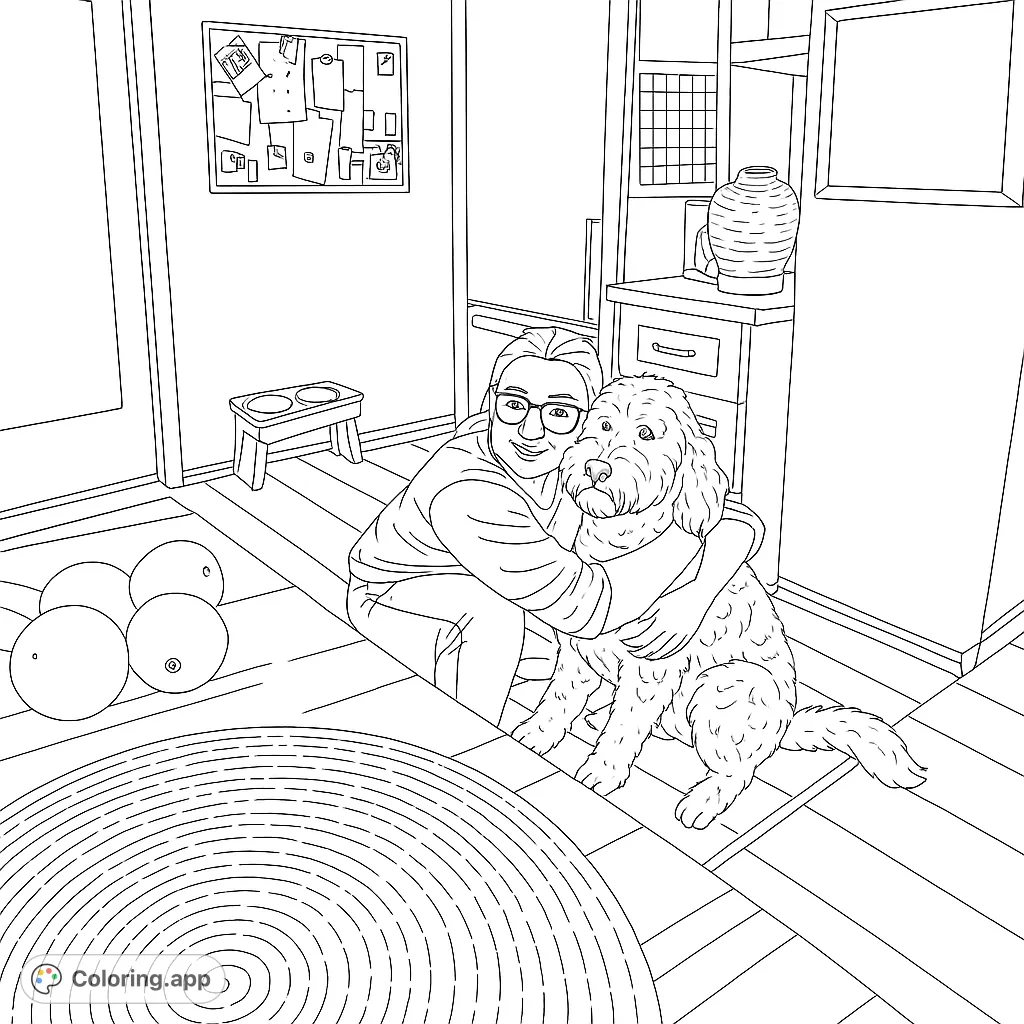 Capture a heartwarming moment: a person embracing their beloved shaggy dog in a cozy kitchen setting. A delightful scene for pet lovers.