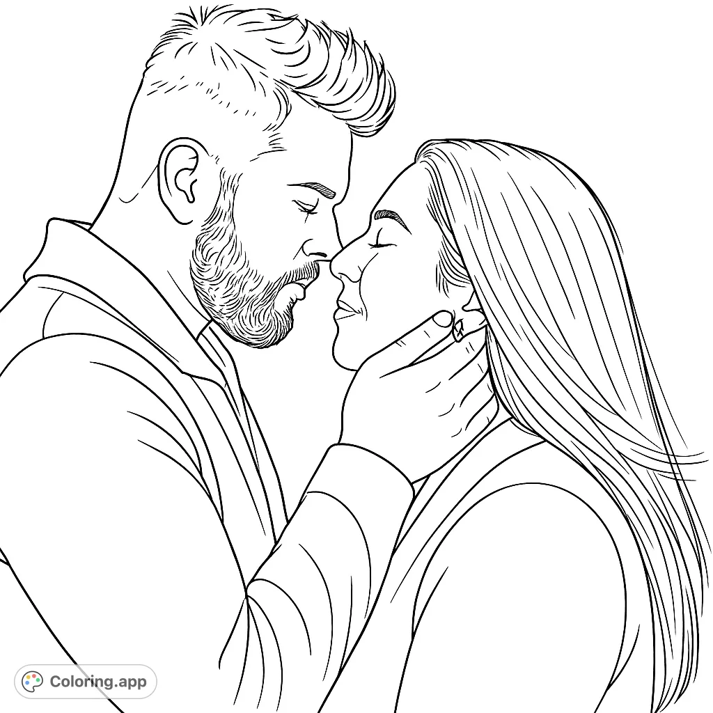 Capture the tender moment of a couple's embrace. This romantic coloring page features an intimate portrait, perfect for expressing love and connection.