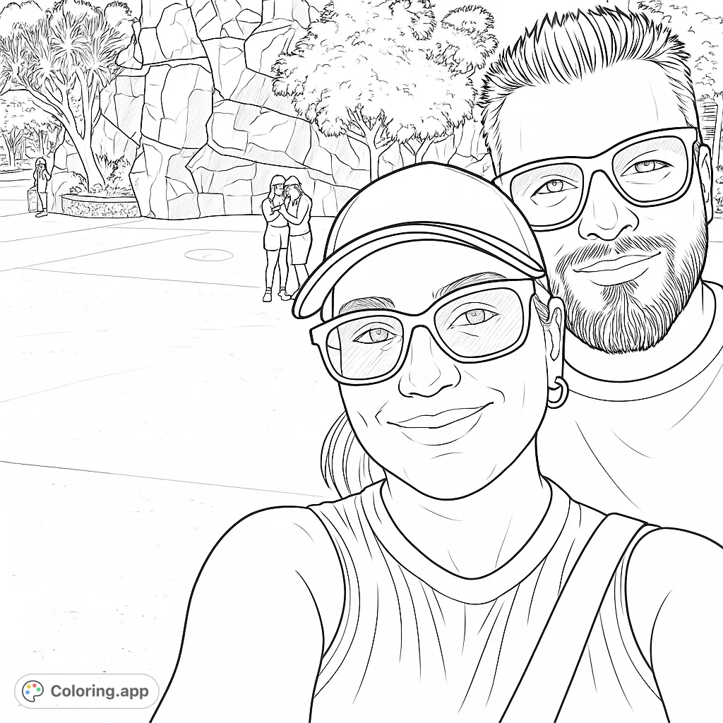Capture a fun moment with two smiling individuals against a backdrop of impressive rock formations and lush trees. Perfect for a relaxing coloring experience.