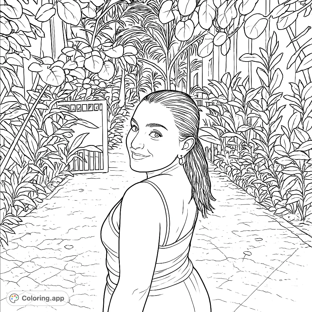 Color a serene tropical evening scene featuring a woman amidst lush foliage and soft lighting. A relaxing escape for creative expression.