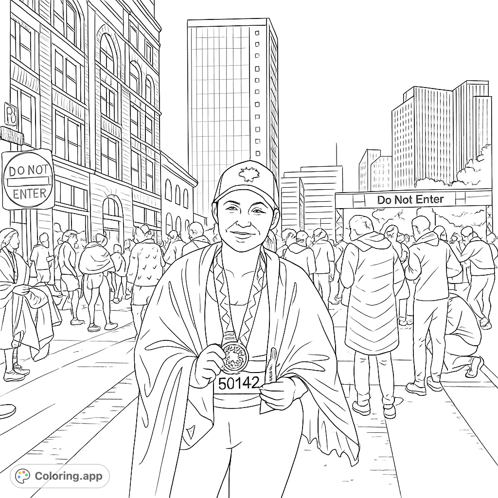 Celebrate achievement with this urban marathon finisher coloring page. Features a person holding a medal amidst city buildings and fellow participants.