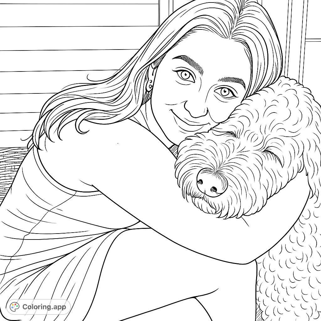 A heartwarming scene of a woman embracing her fluffy dog, perfect for animal lovers. A free printable pet-themed coloring page.