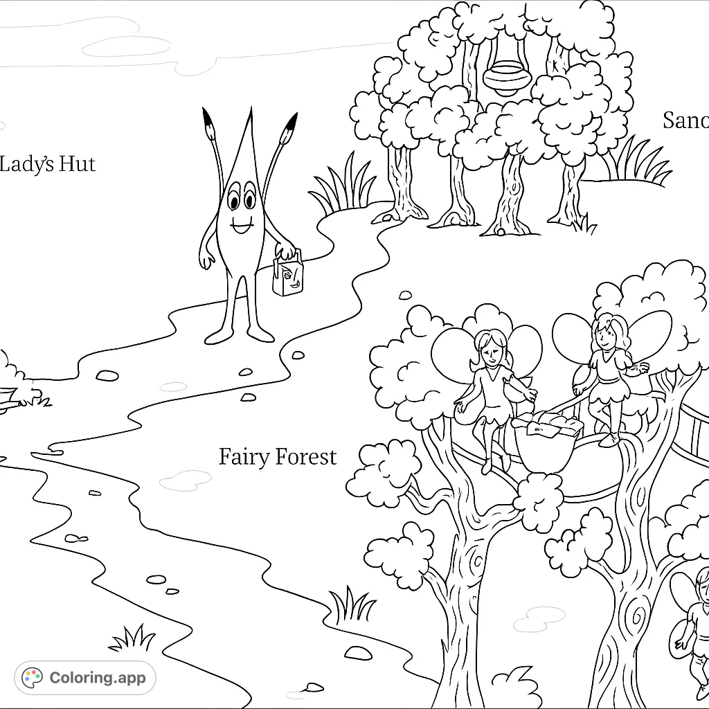 Explore a whimsical map with a pea pod character, a cozy hut, and playful fairies in a magical forest. Perfect for imaginative coloring adventures!