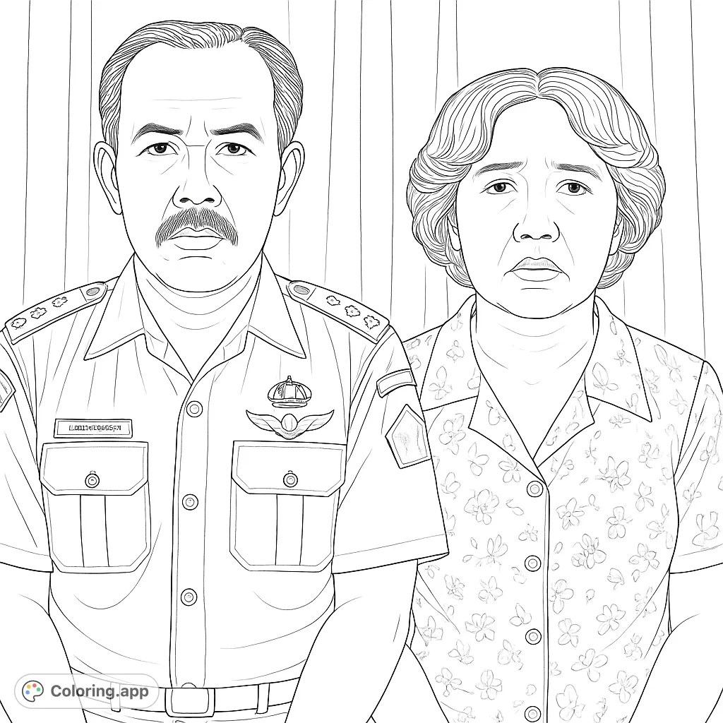 Color a realistic portrait of a man in uniform and a woman in a patterned shirt. Perfect for detailed coloring and exploring textures.