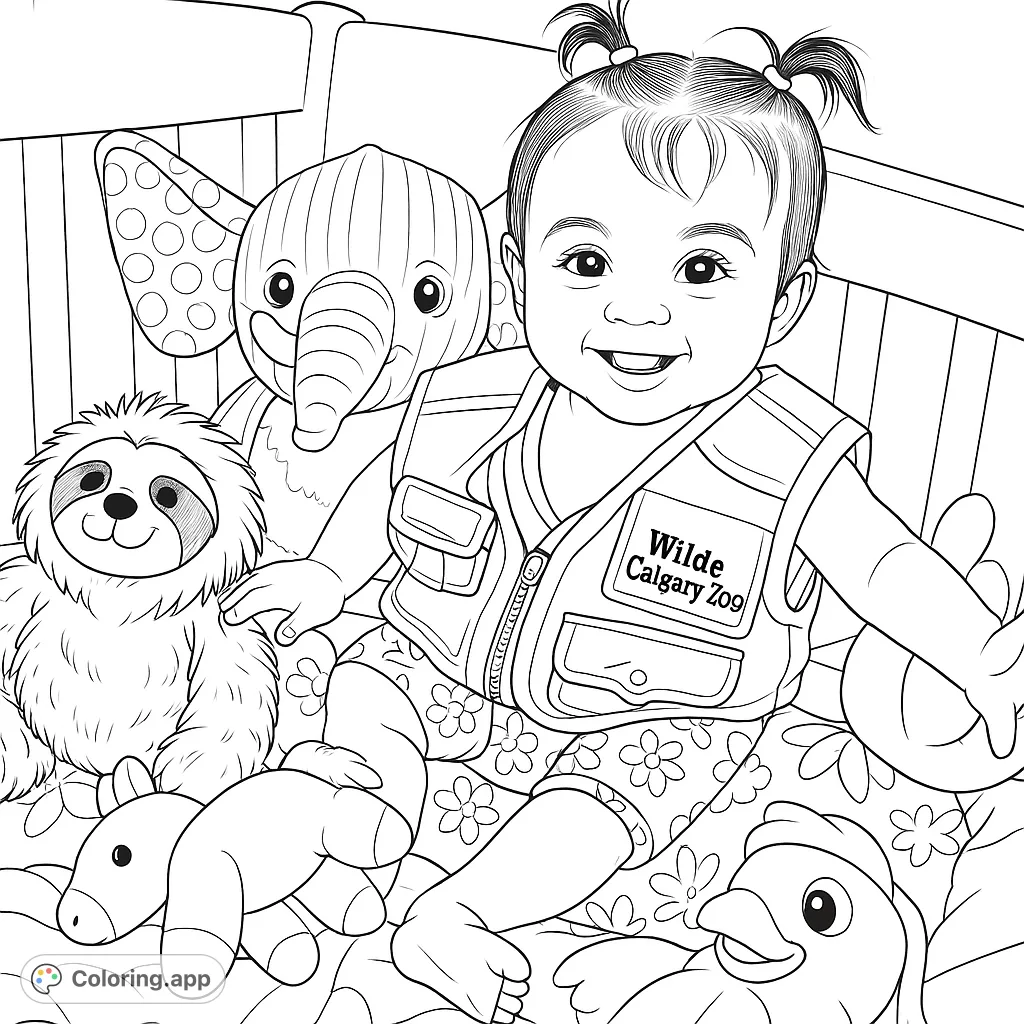 A delightful baby smiles amidst a cozy crib filled with an assortment of plush animal friends, perfect for a heartwarming coloring experience.