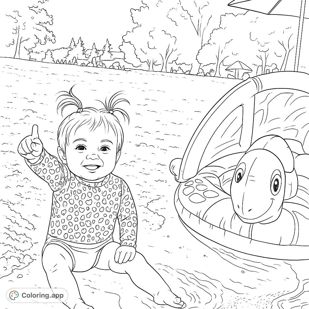 A joyful baby enjoys a sunny beach day with a fun turtle float. Perfect for a relaxing and delightful coloring experience.