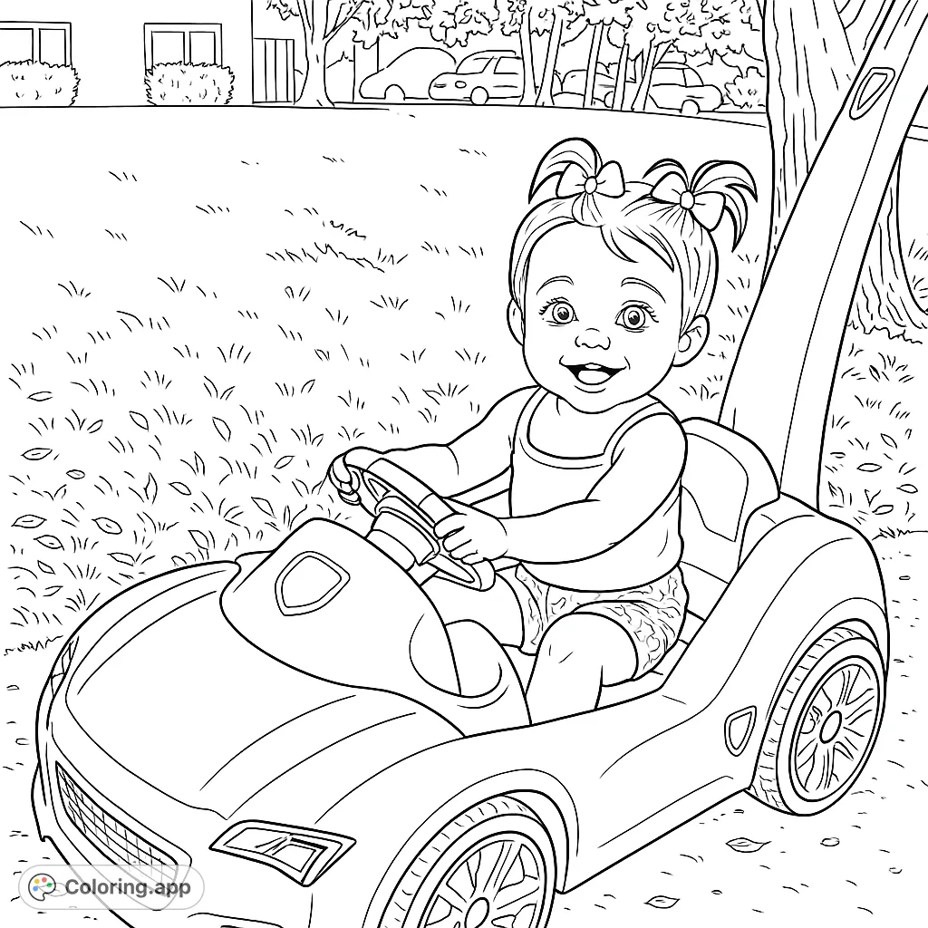 A delightful baby smiles from a toy car, ready for adventure. Perfect for little ones to color and imagine their first drive!