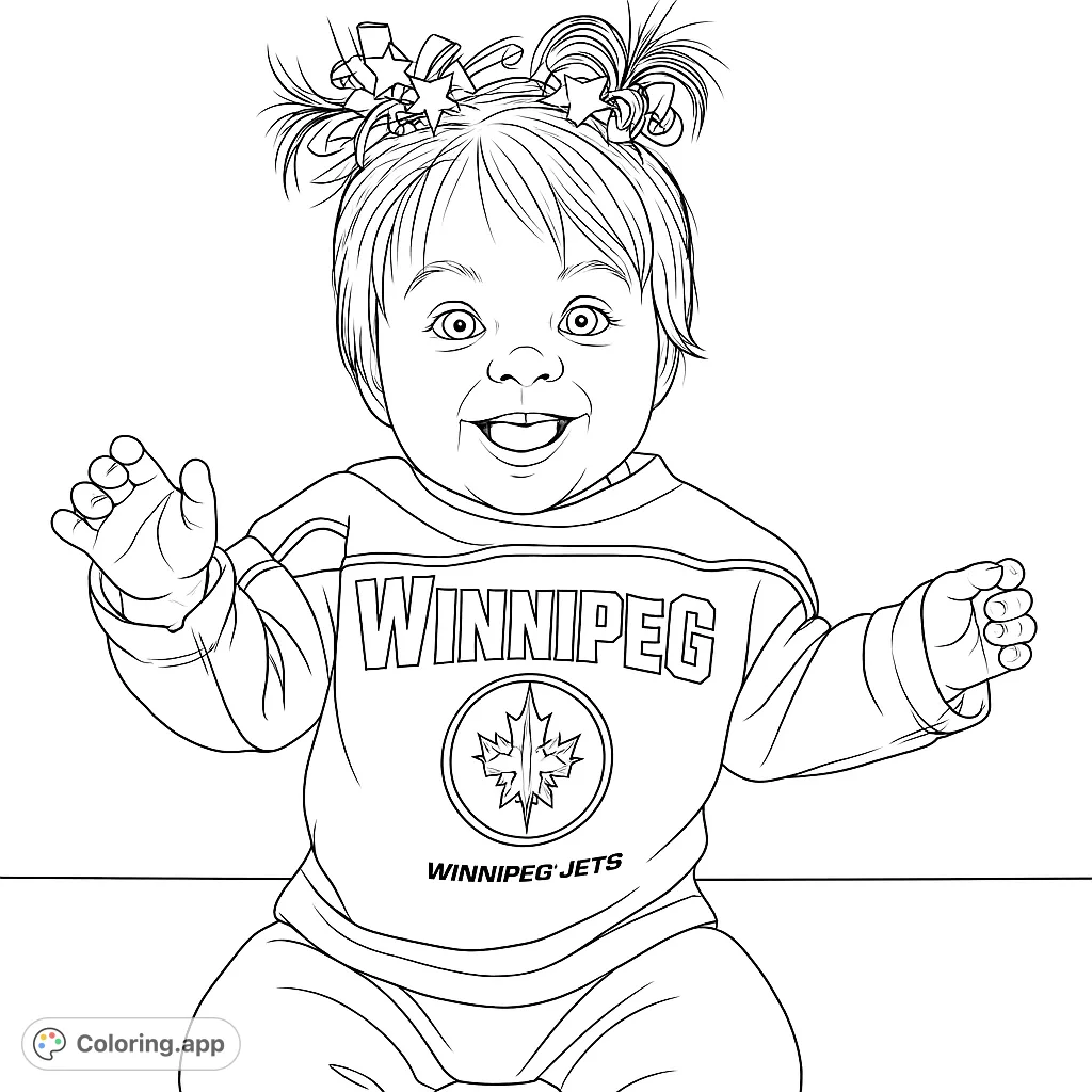 A delightful coloring page featuring a happy baby in a sports jersey with decorative hair bows, perfect for young fans and joyful coloring.
