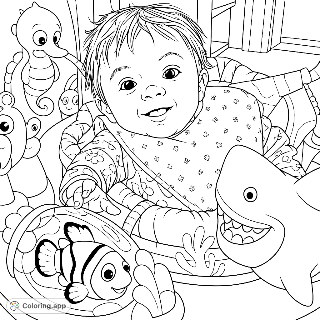 A delightful baby smiles from an activity center filled with engaging toys like a seahorse, fish, and shark. Perfect for a joyful coloring experience.