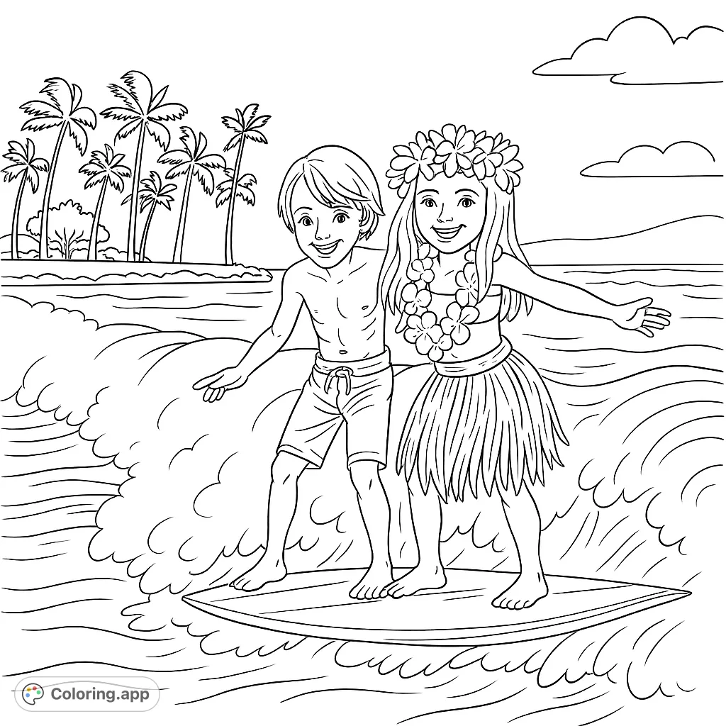 Two happy children ride a surfboard on tropical waves, surrounded by palm trees. A fun, free printable beach adventure coloring page for all ages.