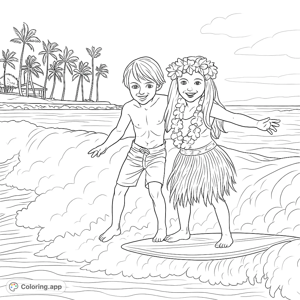 Dive into a tropical adventure! Two joyful kids ride a wave on their board, surrounded by ocean spray and distant palm trees. A fun, free printable coloring page.
