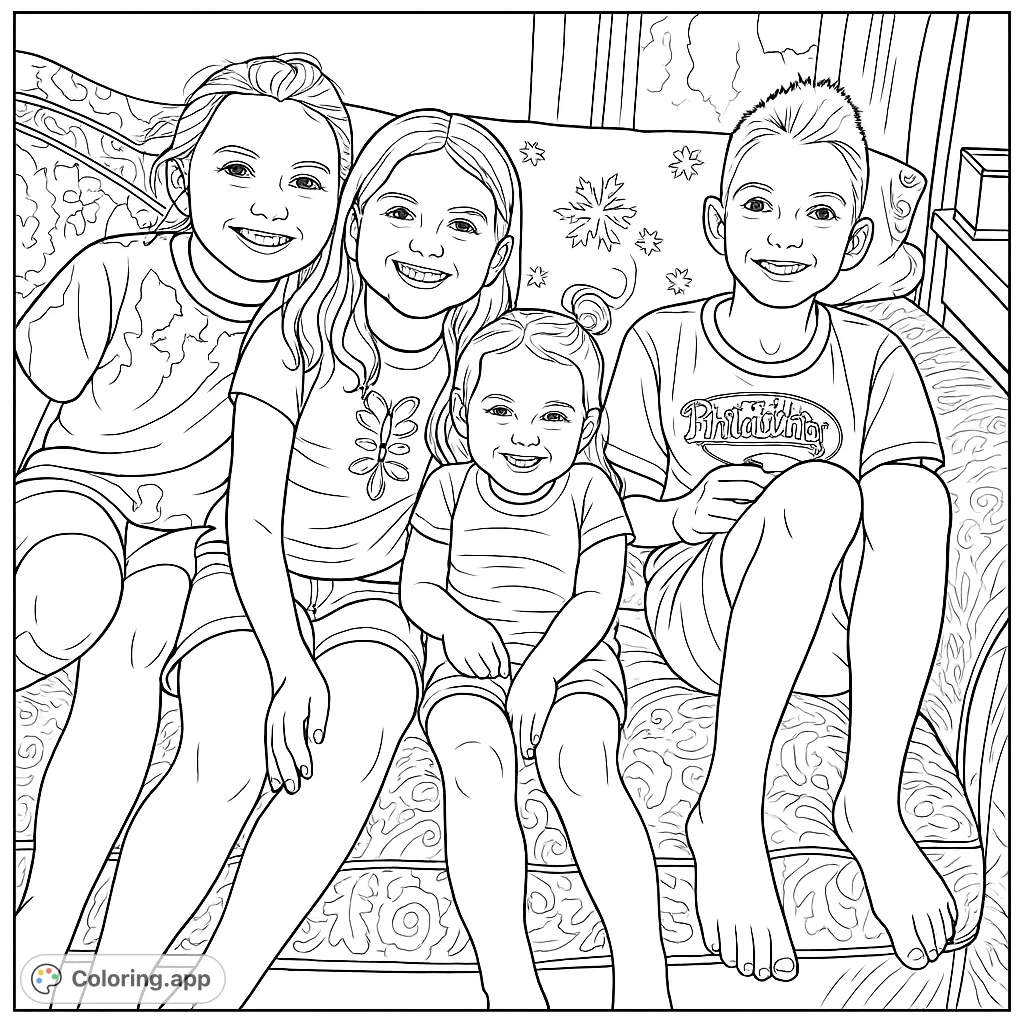 Four happy children smiling on a cozy couch, ready for a fun coloring adventure. A heartwarming scene for all ages.