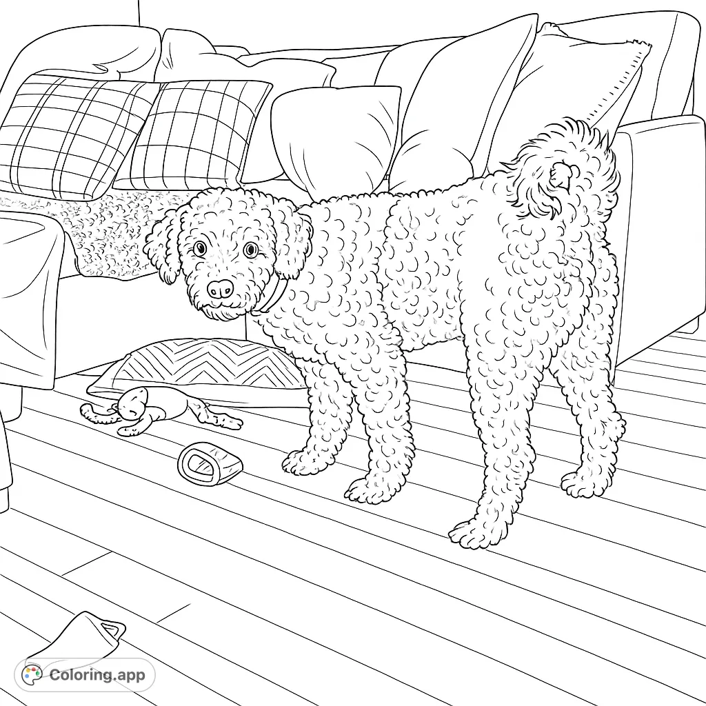 A charming curly-haired dog stands amidst cozy home furnishings, inviting you to add vibrant hues to its textured fur and the comfortable living space.