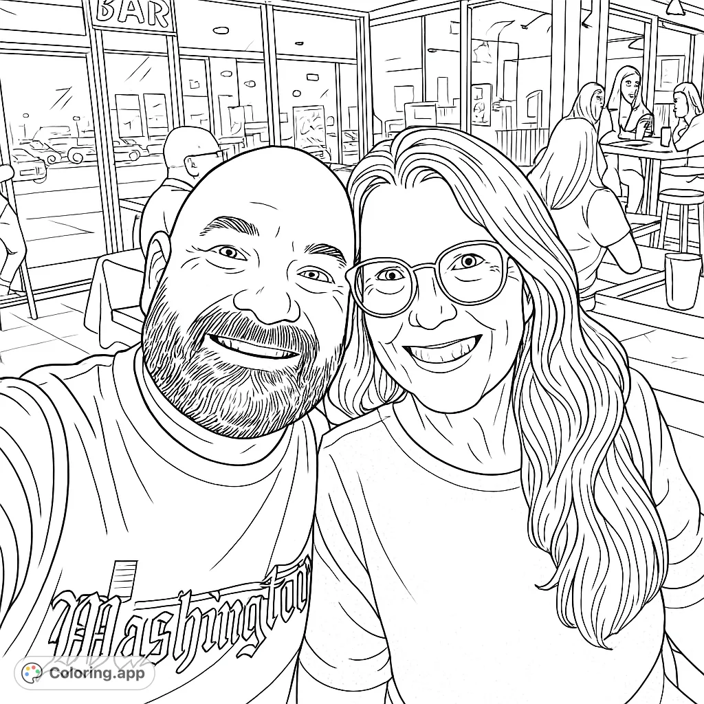 Capture the joy of a couple's night out in this detailed coloring page. Features a smiling man and woman in a lively bar setting with urban views.