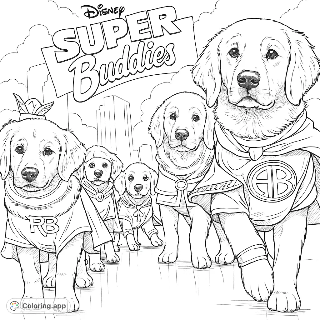 Unleash your creativity with this superhero dog coloring page featuring five adorable puppies in heroic costumes, ready for adventure!