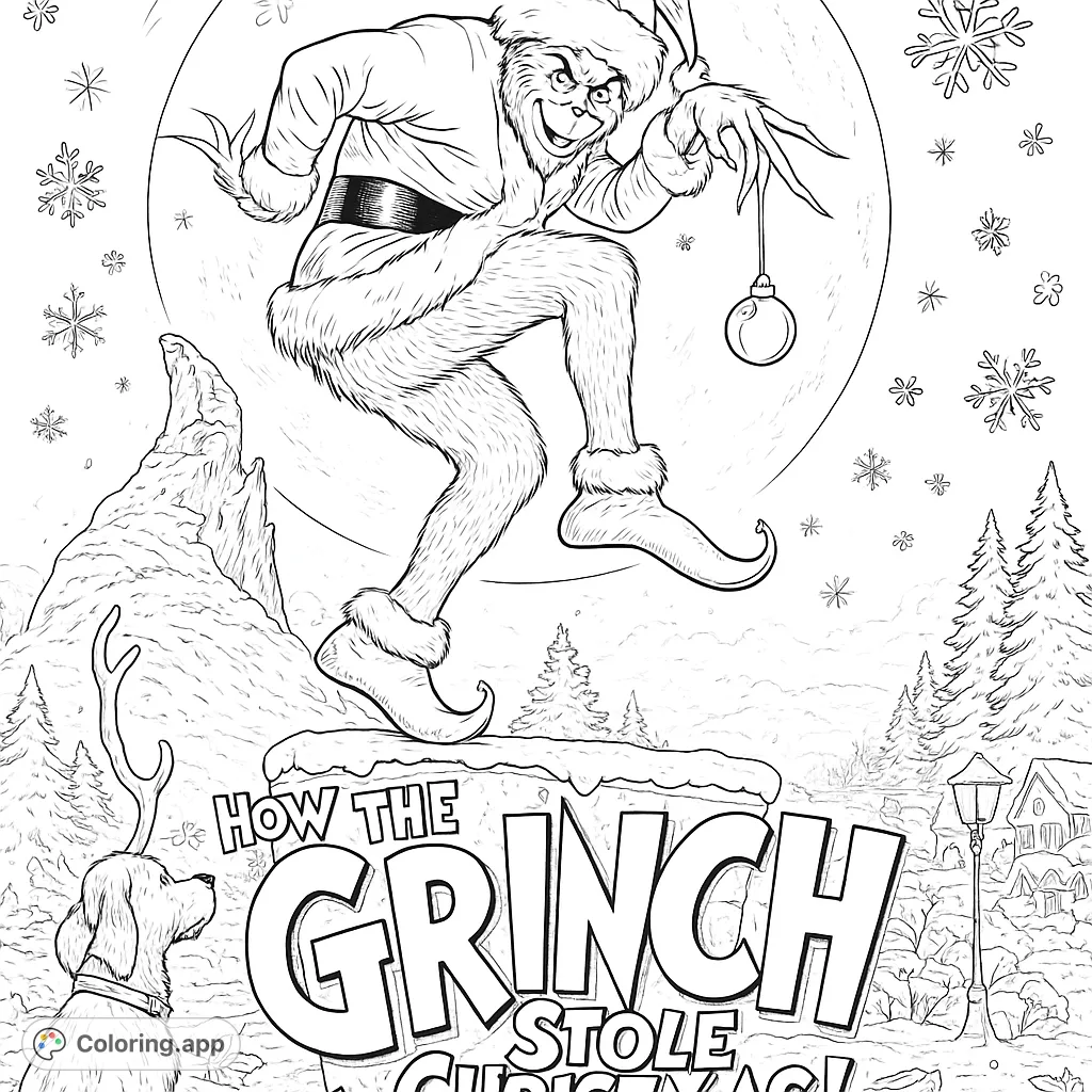 A mischievous character in a Santa suit, poised to steal the holidays, set against a snowy, whimsical landscape. Perfect for festive fun!