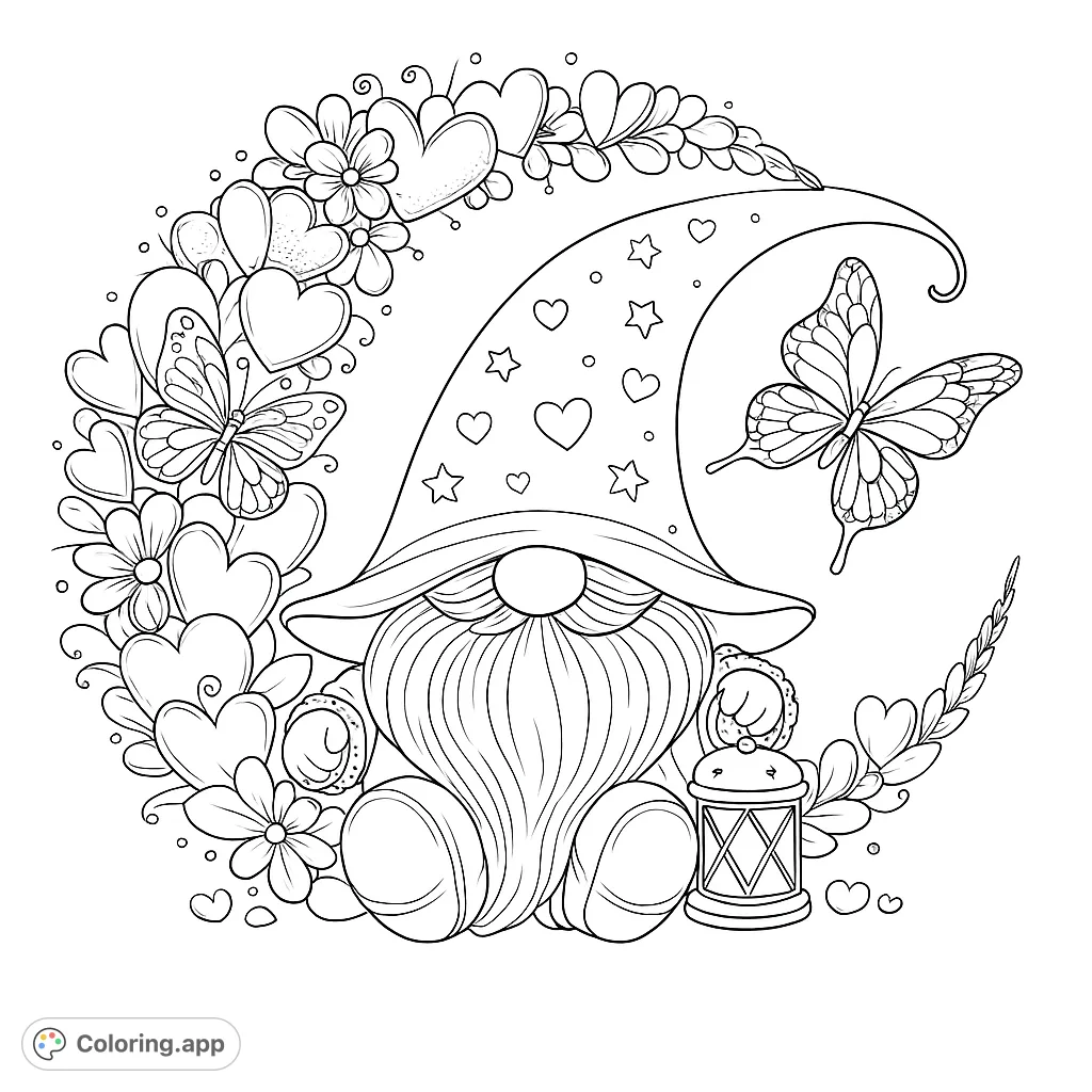 A charming gnome sits on a crescent moon made of hearts, holding a lantern, with delicate butterflies fluttering nearby. A magical scene for all ages.