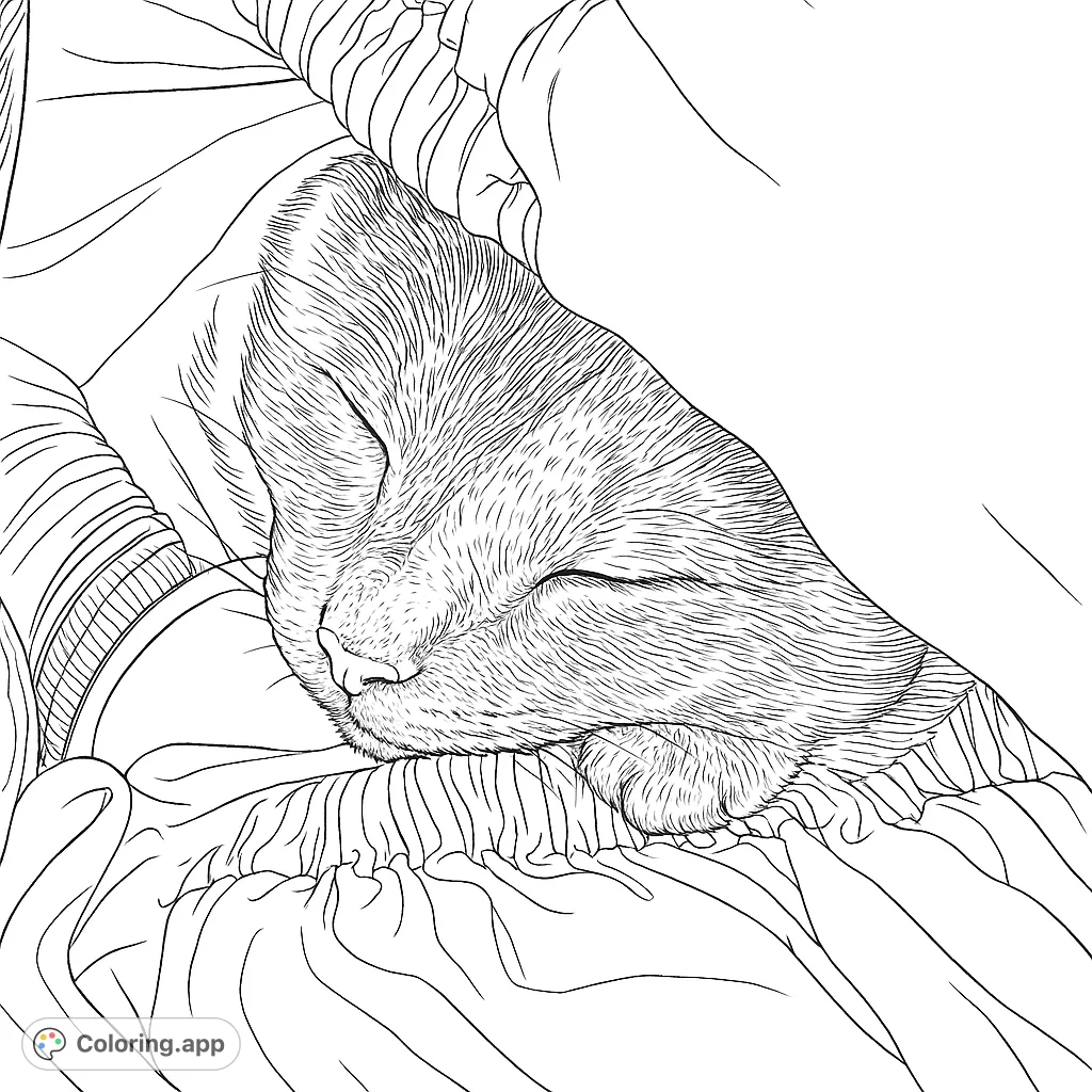 A peaceful cat curled up, sleeping soundly under a soft blanket. Perfect for a relaxing coloring experience for all ages.