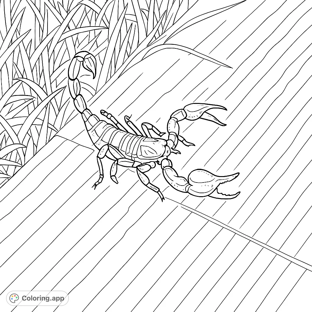 A striking scorpion coloring page, featuring its intricate body, powerful pincers, and raised stinger on a textured surface with grass.
