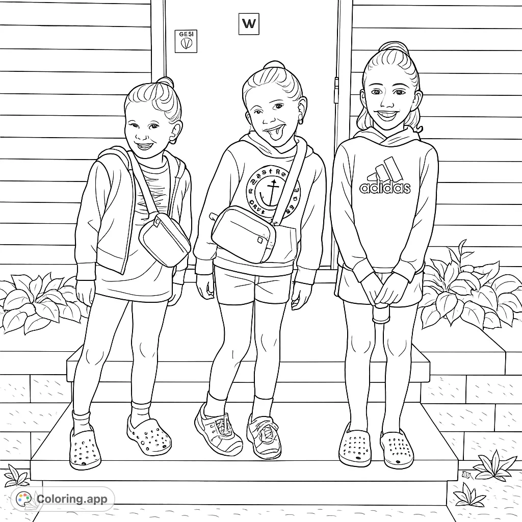 Capture the joy of friendship with three smiling girls on steps. A delightful kids coloring page for creative fun and imaginative play.