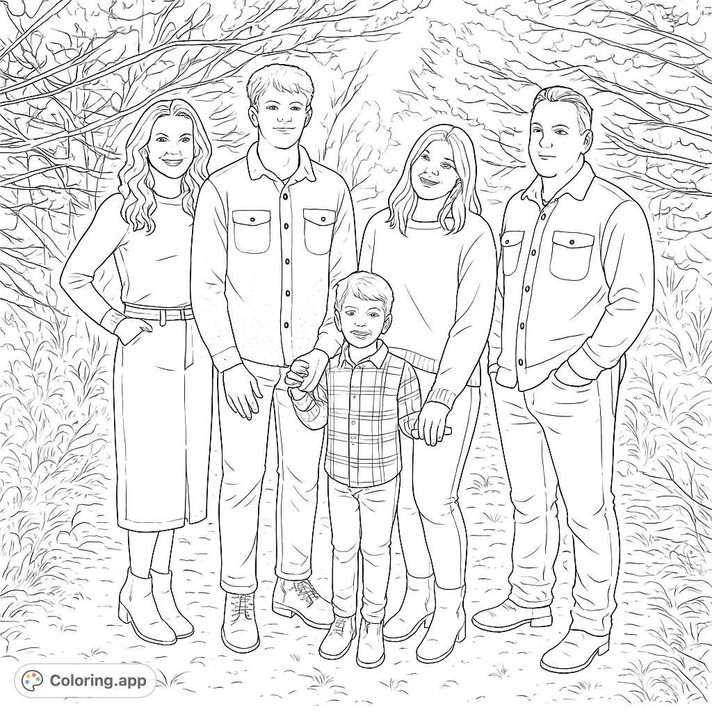 A heartwarming family portrait set amidst natural foliage, perfect for personalizing with your favorite colors. A free printable family coloring page.