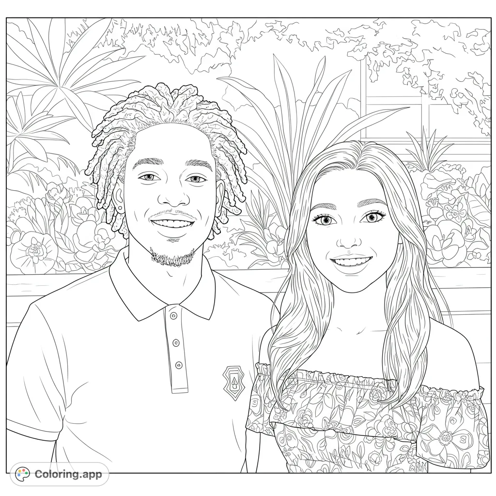A charming close-up portrait of a smiling young man and woman, featuring detailed hair, patterned clothing, and a lush botanical background.