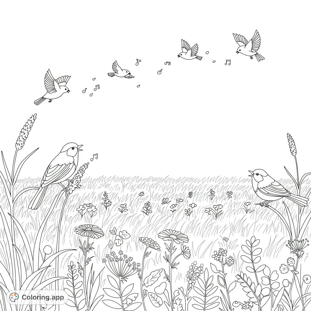 Discover happy birds singing in a vast, peaceful field. A delightful nature scene perfect for all ages to color and enjoy.
