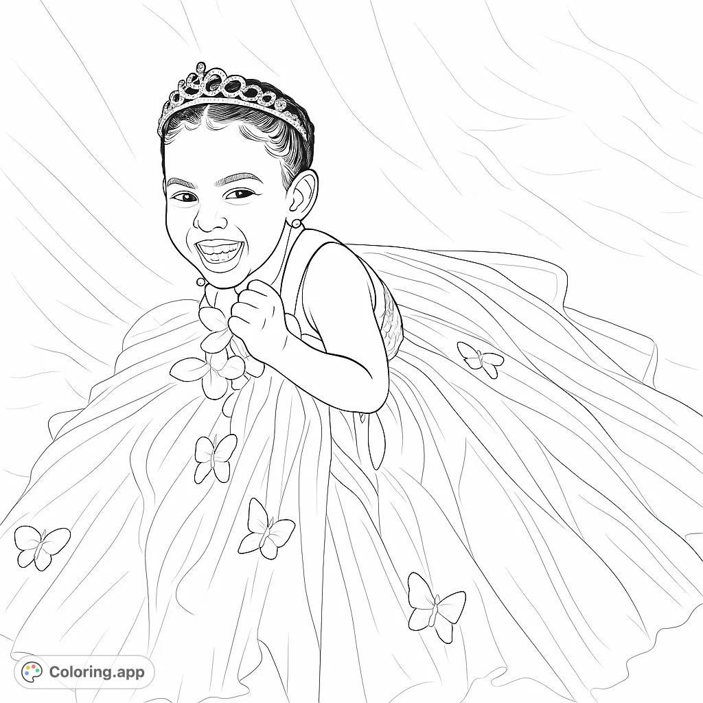 A delightful coloring page featuring a smiling child in a voluminous gown and tiara, perfect for imaginative play.