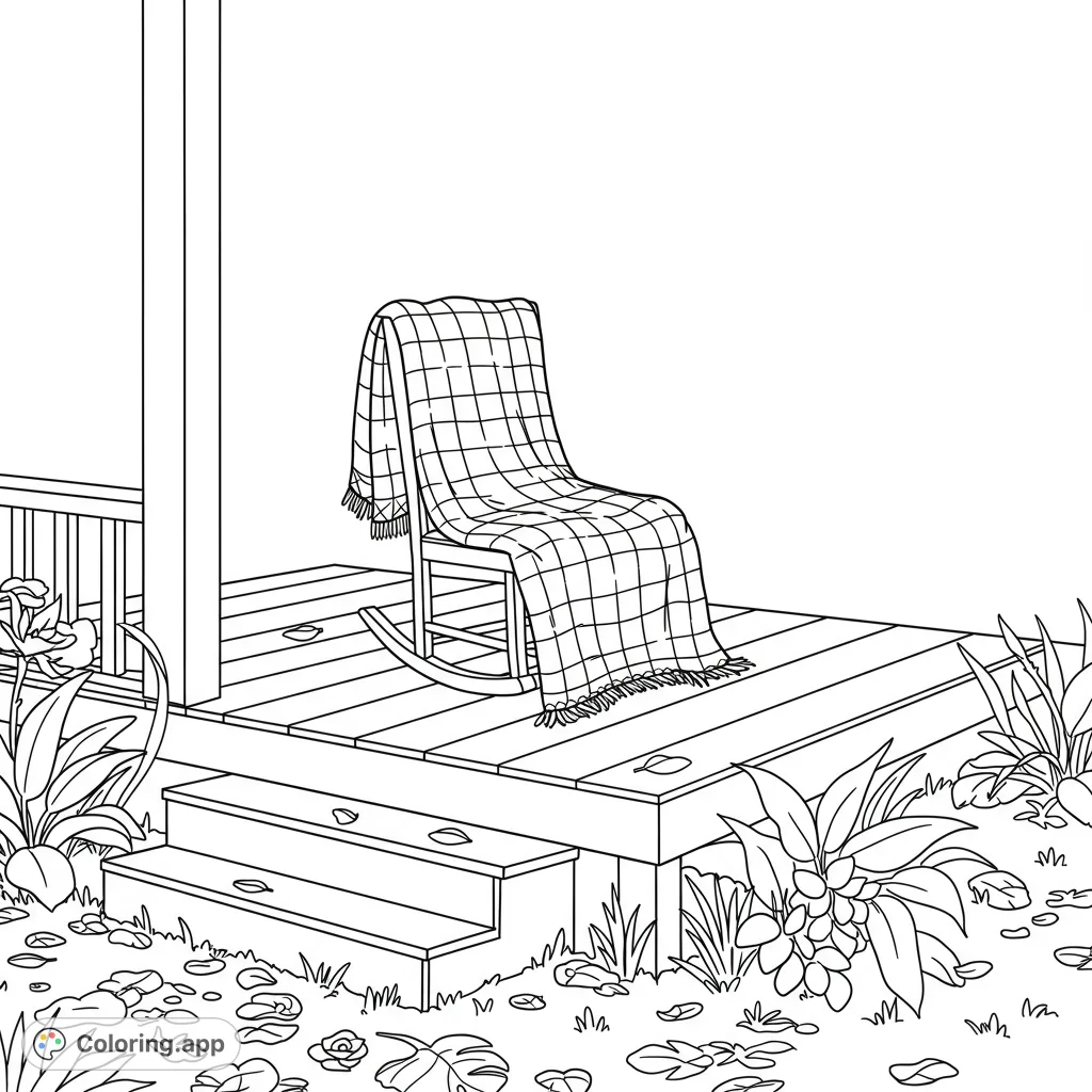 A delightful fall scene featuring a cozy porch with a rocking chair and scattered autumn leaves, perfect for a relaxing coloring experience.