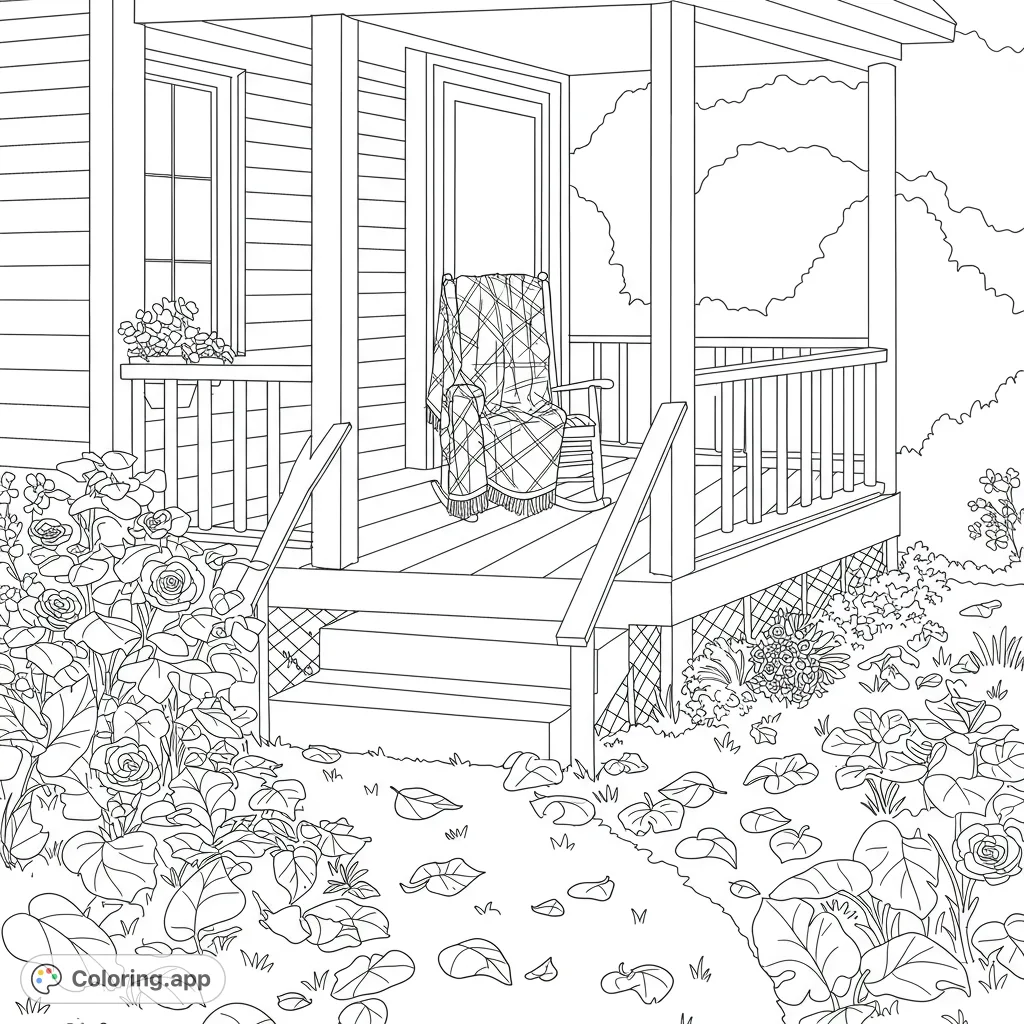 A delightful fall scene featuring a cozy porch with a rocking chair and scattered leaves, perfect for a relaxing coloring experience.