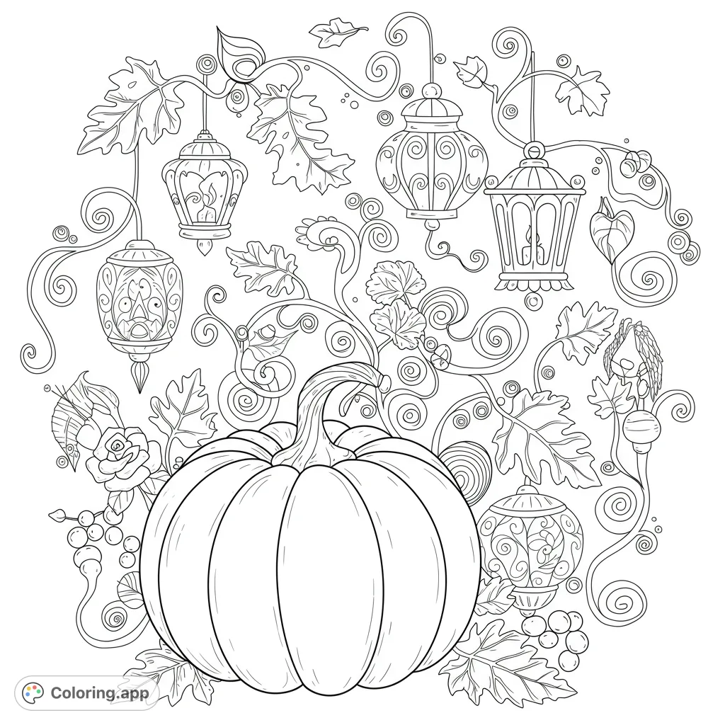 A charming autumn pumpkin surrounded by whimsical jack-o'-lantern lanterns, swirling leaves, and curling vines, perfect for a detailed coloring experience.