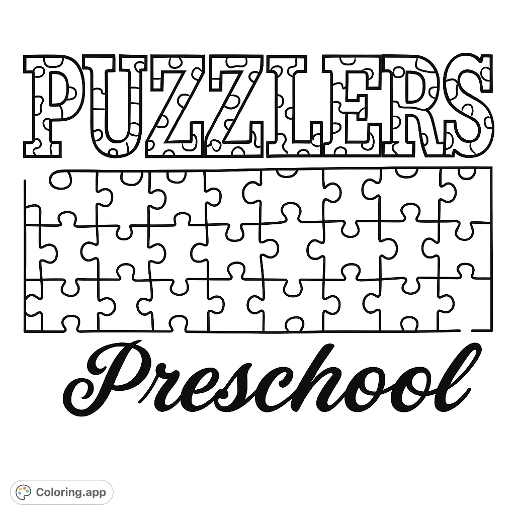 A fun coloring page featuring the word 'PUZZLERS' made of interlocking puzzle pieces, with 'Preschool' in script below. Perfect for learning and creativity.