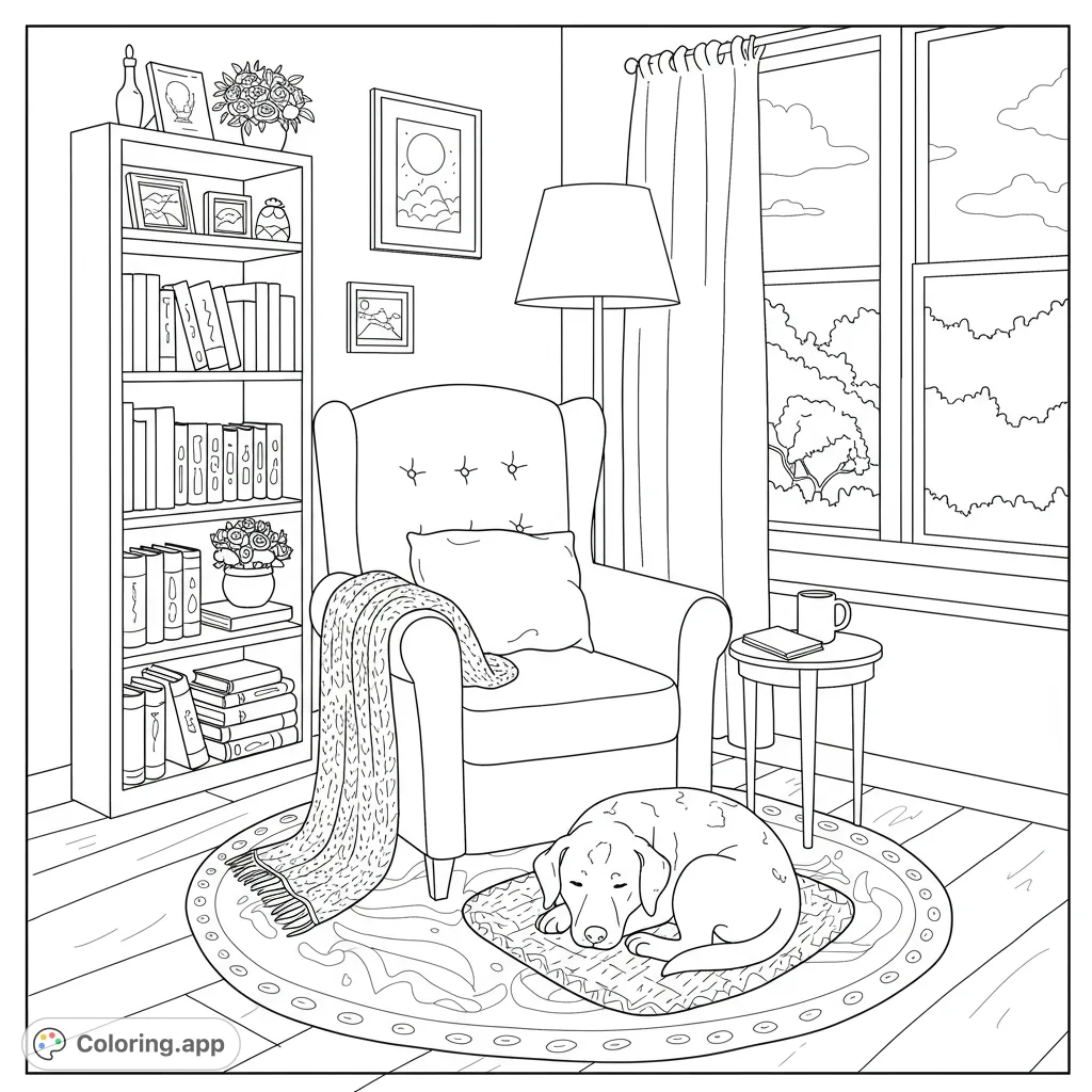 Discover a charming, cozy house interior with a peaceful reading nook and a relaxed dog. A perfect free printable coloring page for relaxation.