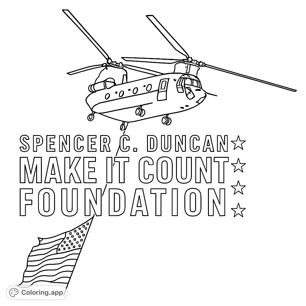 A powerful helicopter carries a waving flag, accompanied by a column of stars. A patriotic scene for all ages.