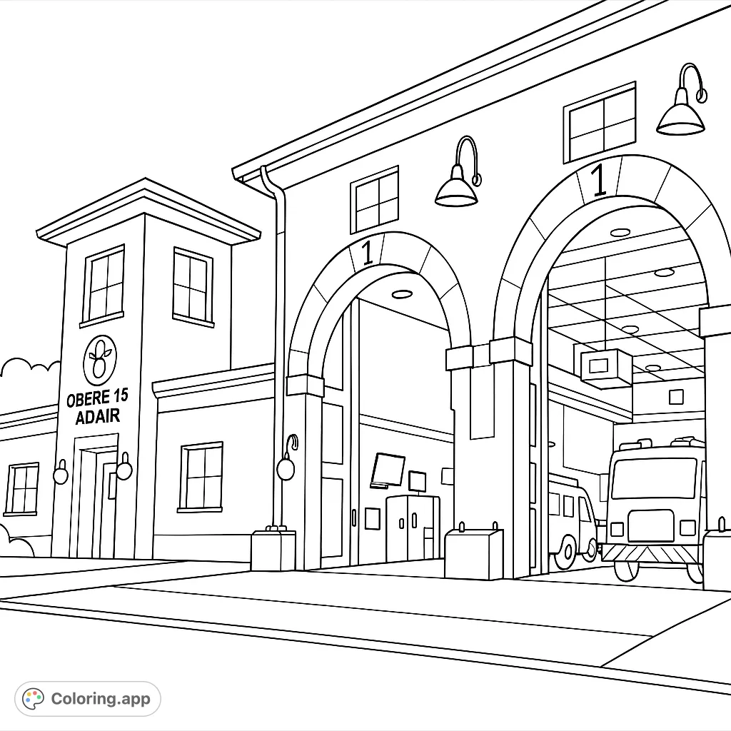 Explore a detailed fire station coloring page featuring a classic fire truck, arched bays, and a prominent tower, perfect for aspiring heroes.