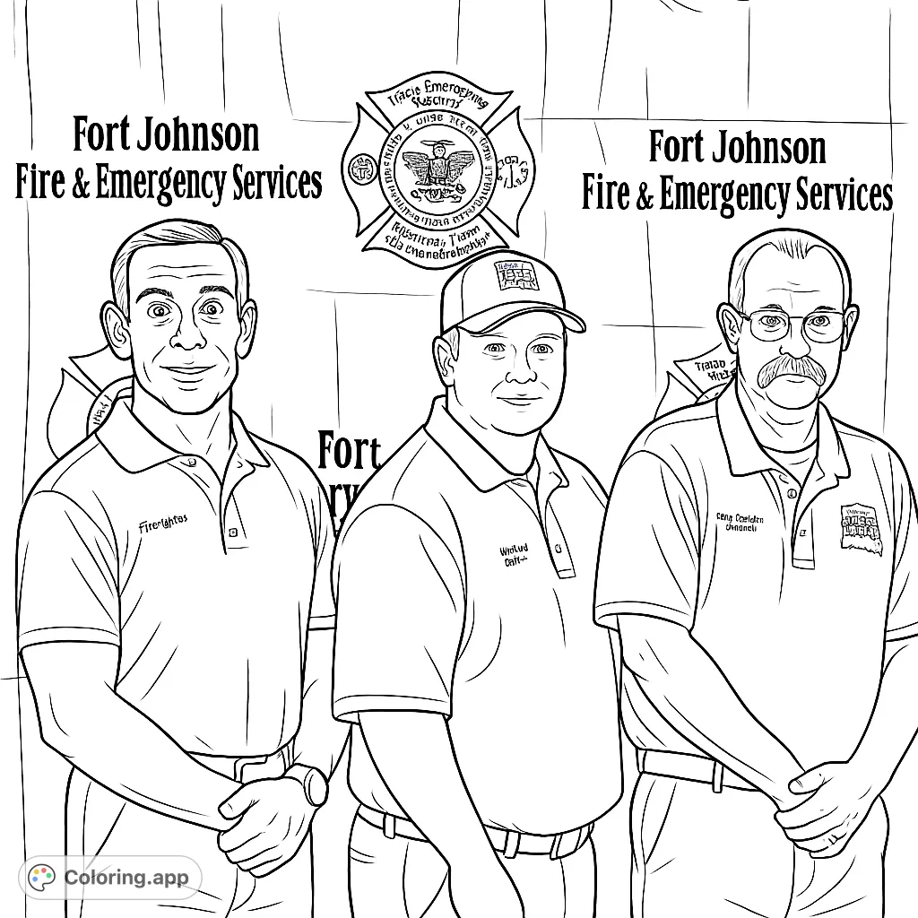 A detailed Fort Johnson Fire & Emergency Services team portrait, perfect for adult colorists to practice realistic shading and detail.
