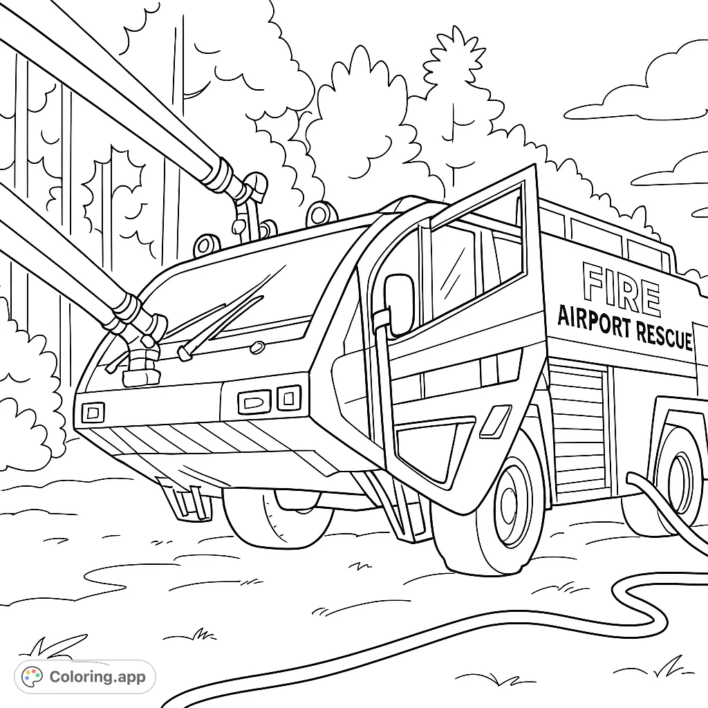 An exciting fire truck coloring page featuring a powerful vehicle with water cannons in action, ready to save the day. Perfect for young heroes!