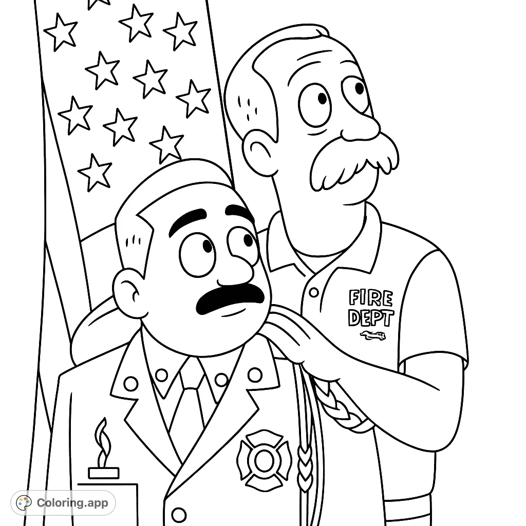 A heartfelt firefighter tribute coloring page featuring two men, one in uniform, against a patriotic flag. Perfect for honoring heroes.