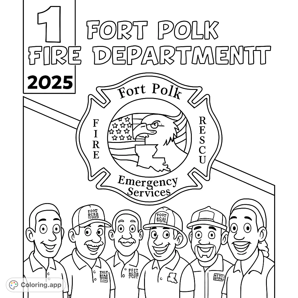 Meet the Fort Polk Fire Department team! A detailed coloring page featuring six emergency service members and their official emblem.
