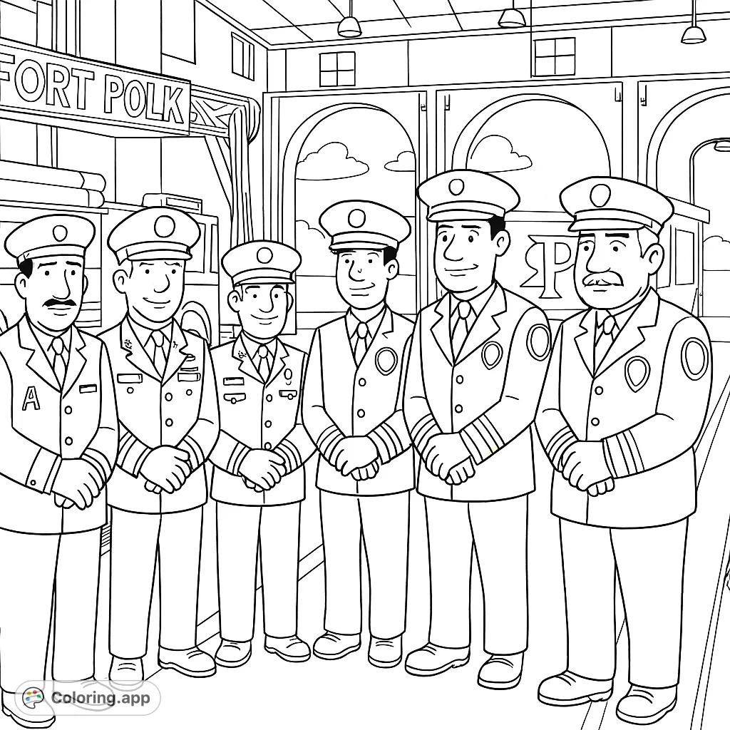 Six uniformed individuals stand proudly at Fort Polk fire station, ready for action. A detailed scene for community heroes.