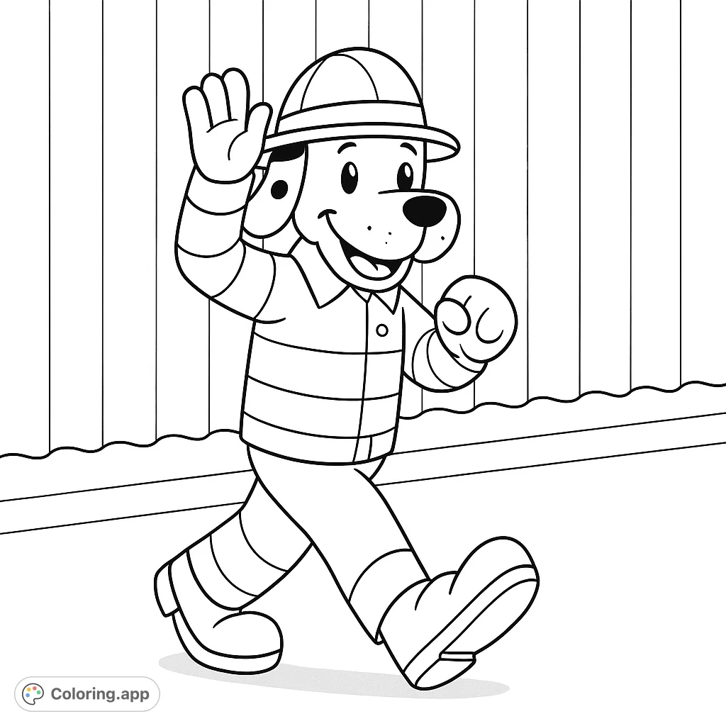 A cheerful cartoon dog in a uniform waves hello, ready for adventure. Perfect for kids to color and imagine heroic tales.
