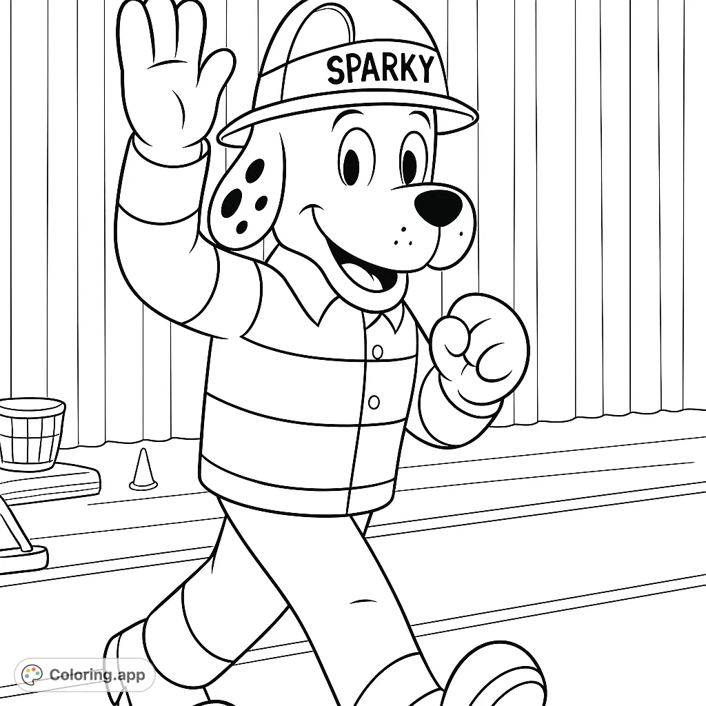 Join Sparky the firefighter dog on stage! This fun coloring page features a friendly canine hero in uniform, ready for adventure.